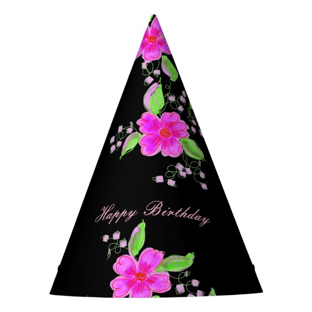 Pink Flowered Black Paper Party Hat (Front)