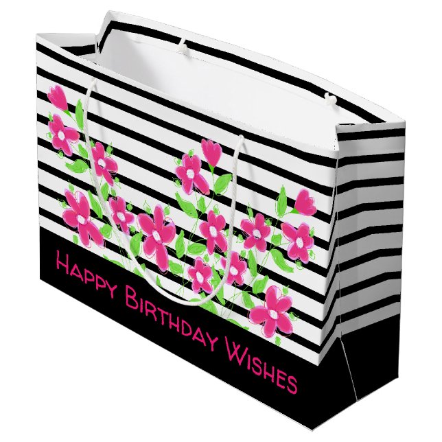 Pink Flowered Happy Birthday Wishes Large Gift Bag (Back Angled)