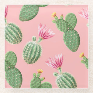 Pink Flowering Cactus Light Background Glass Coaster