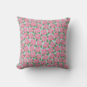 pink flowering dogwood line drawing floral on aqua cushion