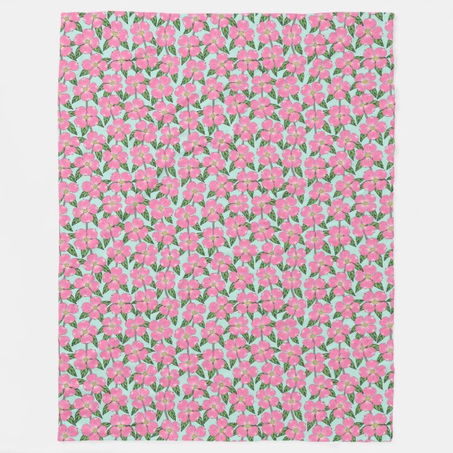 pink flowering dogwood line drawing floral on aqua fleece blanket (Front)