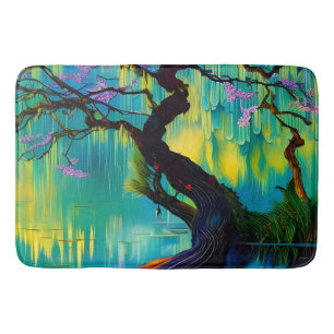 Pink Flowering Tree over turquoise Water  Bath Mat