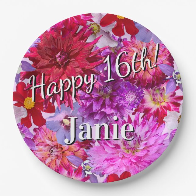 Pink Flowers 16th Birthday Paper Plate (Front)