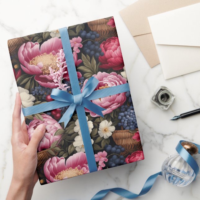 Pink flowers and berries botanical pattern wrapping paper (Gifting)