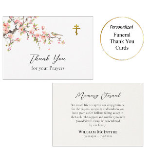 Pink Flowers and Bird Orthodox Christian Memorial Thank You Card
