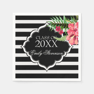Pink Flowers And Black Stripes- Graduations Napkin