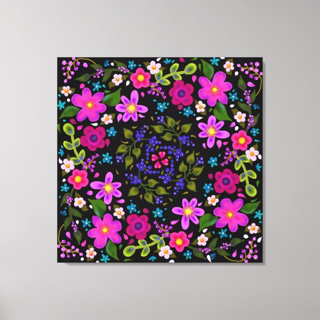Pink Flowers and Blue Berries Painted Boho Canvas Print (Front)