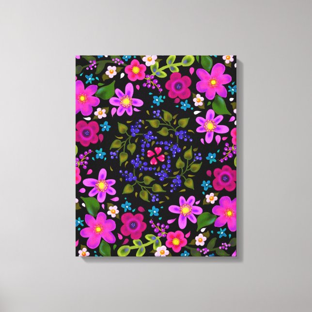 Pink Flowers and Blue Berries Painted Boho Canvas Print (Front)