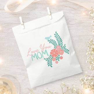 Pink flowers and blue birds love you mom text favour bags