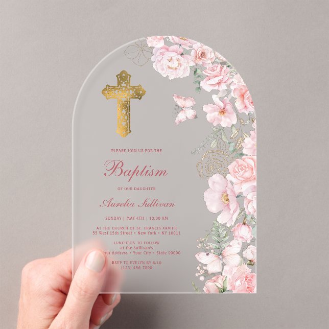 Pink Flowers and Butterflies Arch Baptism Acrylic Invitations (Insitu (Handheld))