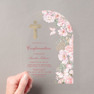 Pink Flowers and Butterflies Arch Confirmation Acrylic Invitations