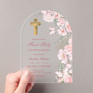 Pink Flowers and Butterflies Arch First Communion Acrylic Invitations
