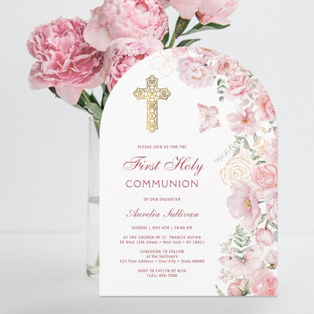Pink Flowers and Butterflies Arch First Communion Invitation (Creator Uploaded)