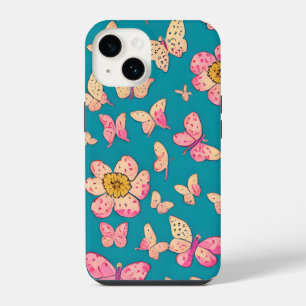Pink Flowers and Butterflies Pattern Background iPhone 14 Case