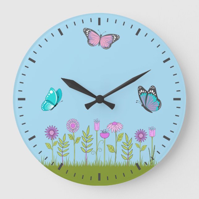 Pink Flowers and Butterfly All-Over Print  Large Clock (Front)