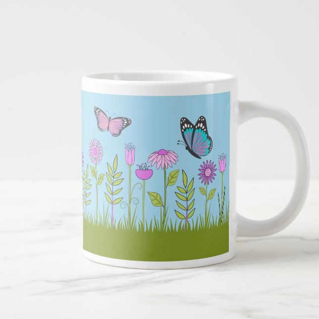 Pink Flowers and Butterfly All-Over Print  Large Coffee Mug (Right)