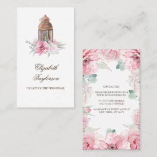 Pink Flowers and Candle Lit Lantern Business Card