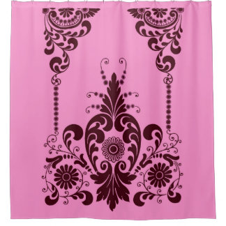 pink flowers and curlicues print shower curtain