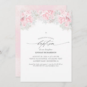 Pink Flowers and Cute Baby's Breath Girl's Baptism Invitation