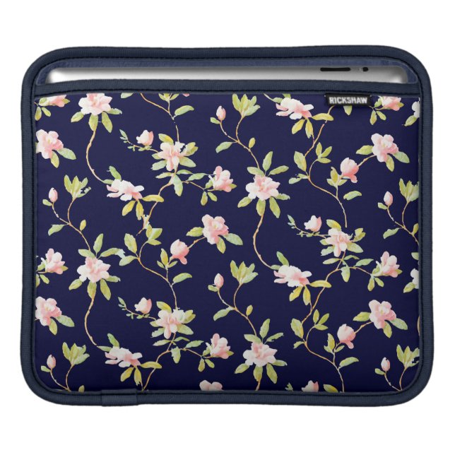 Pink Flowers and Dark Blue iPad Sleeve (Front Device)