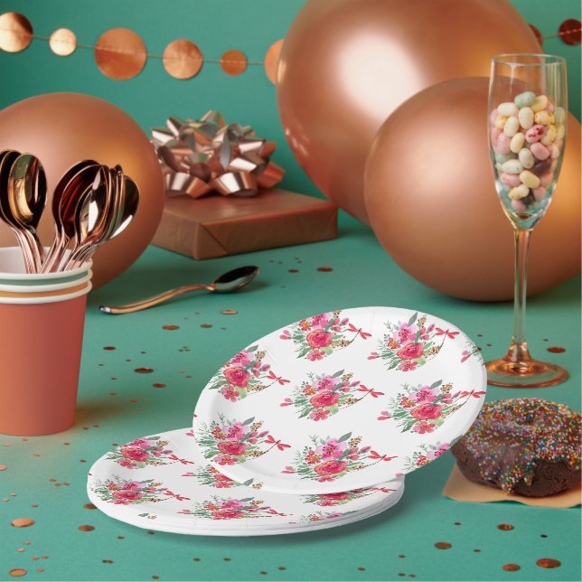 Pink flowers and dragonflies pattern  paper plate (Multi)