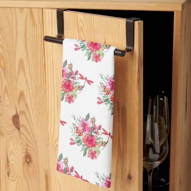 Pink flowers and dragonflies pattern  tea towel (Thirds Fold)