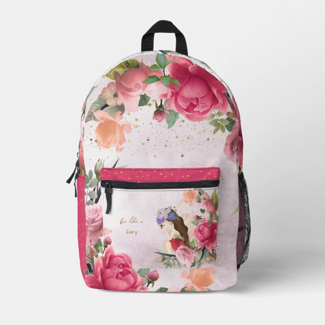 Pink Flowers And Fairies Girl  Printed Backpack (Front)