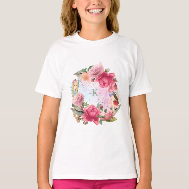 Pink Flowers And Fairies Girl  T-Shirt (Front)