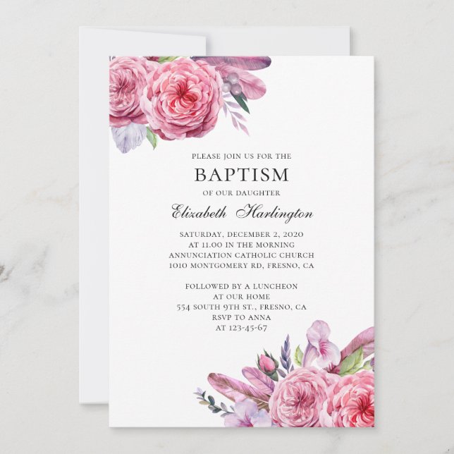 Pink flowers and feathers. Boho floral baptism Invitation (Front)