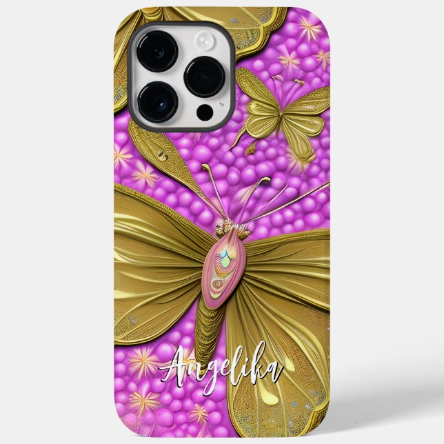 Pink Flowers and Gold Butterflies Name Case-Mate iPhone Case (Back)