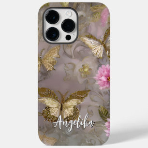 Pink Flowers and Gold Flowers Personalised Name Sh Case-Mate iPhone 14 Pro Max Case