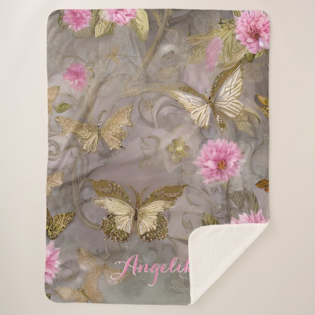 Pink Flowers and Gold Flowers Personalised Name Sherpa Blanket (Front)