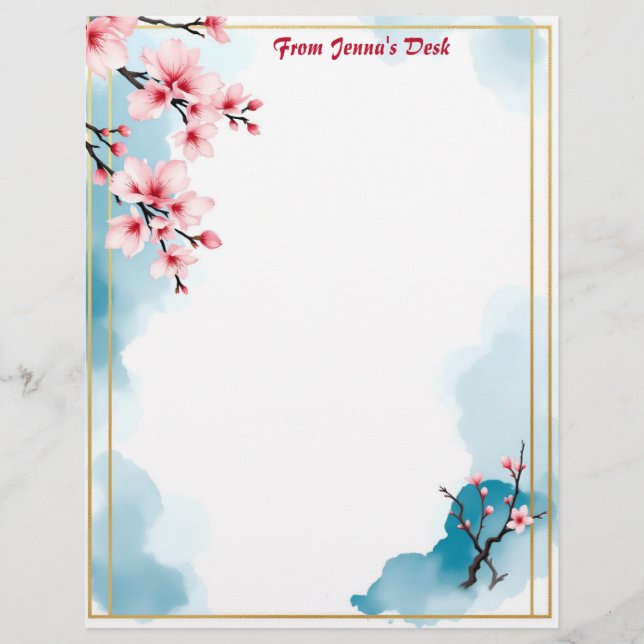Pink Flowers and Gold Frame Custom Letterhead (Front)