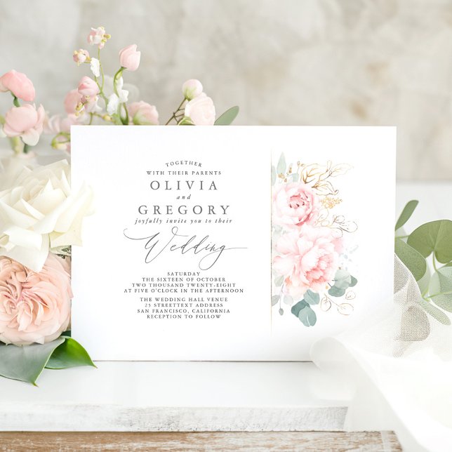 Pink Flowers and Gold Greenery Elegant Wedding Invitation (Pink Floral Wedding Invitation)