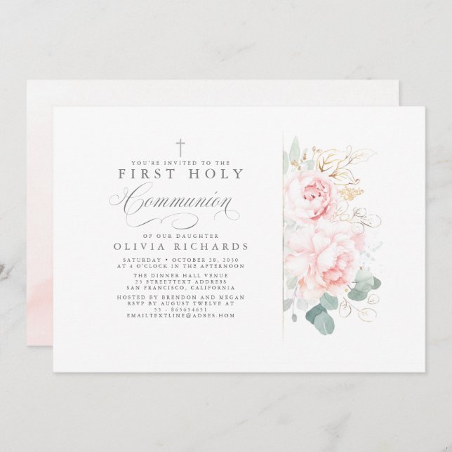 Pink Flowers and Gold Greenery First Communion Invitation (Front/Back)