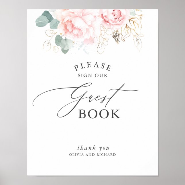 Pink Flowers and Gold Greenery Guest Book Sign (Front)