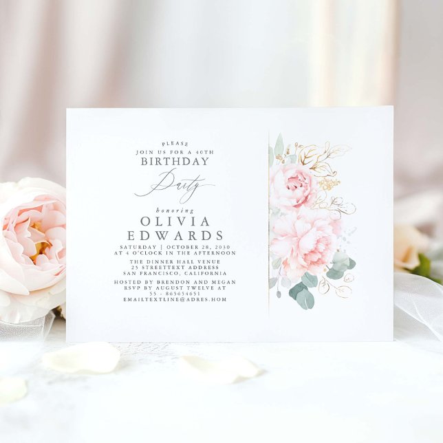 Pink Flowers and Gold Leaves Elegant Birthday Invitation (Pink floral birthday invite)