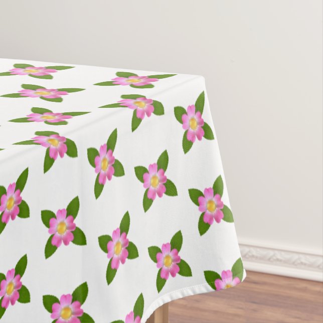 Pink Flowers and Green Leaves on White Tablecloth (In Situ)
