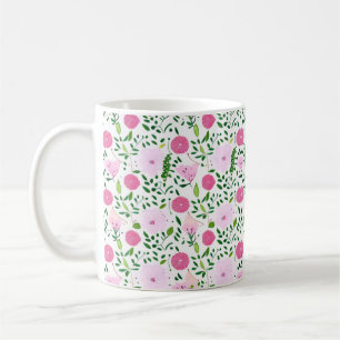 Pink Flowers and Green Vines Pattern Coffee Mug