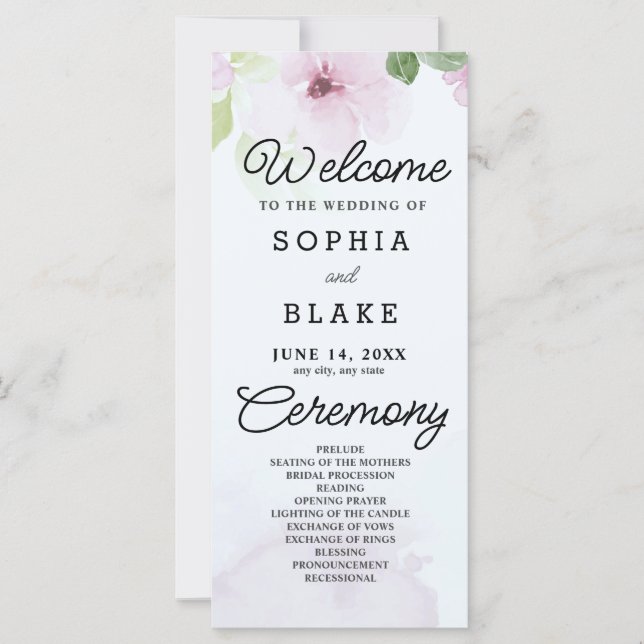 Pink Flowers and Greenery Blue Wedding Program (Front)