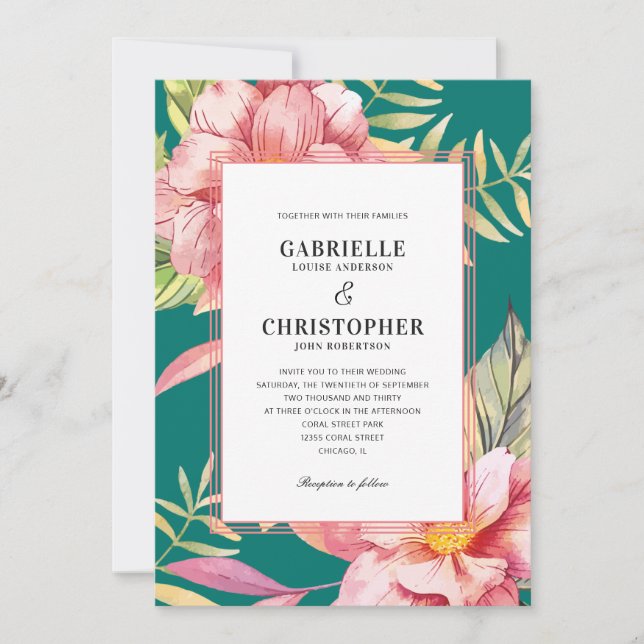 Pink Flowers and Greenery Teal Wedding Invitation (Front)