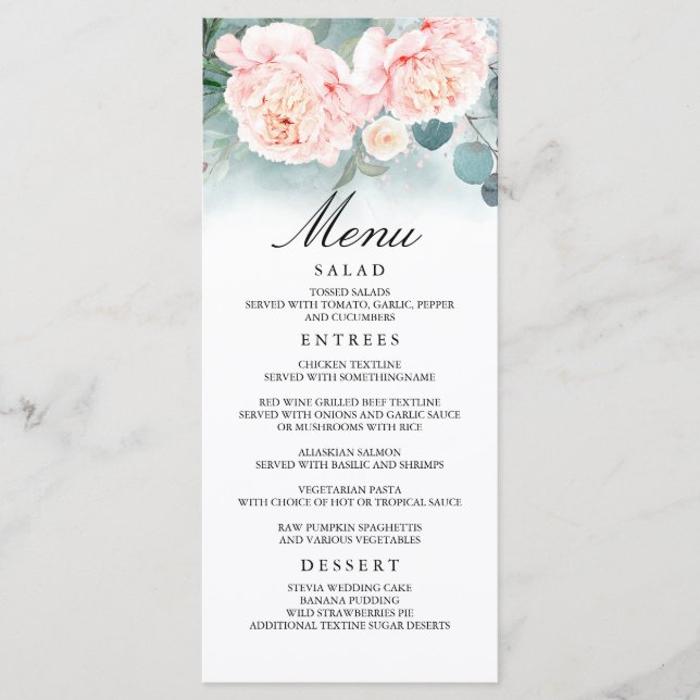 Pink Flowers and Greenery Wedding Menus (Front)