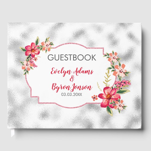 Pink Flowers And Grey Blurred Glass Guest Book (Front)