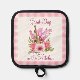 Pink Flowers and Kitchen Utensils Customisable Pot Holder