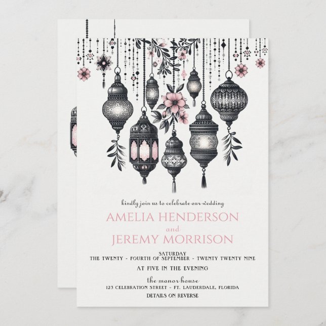 Pink Flowers and Lanterns QR Code Wedding Invitation (Front/Back)