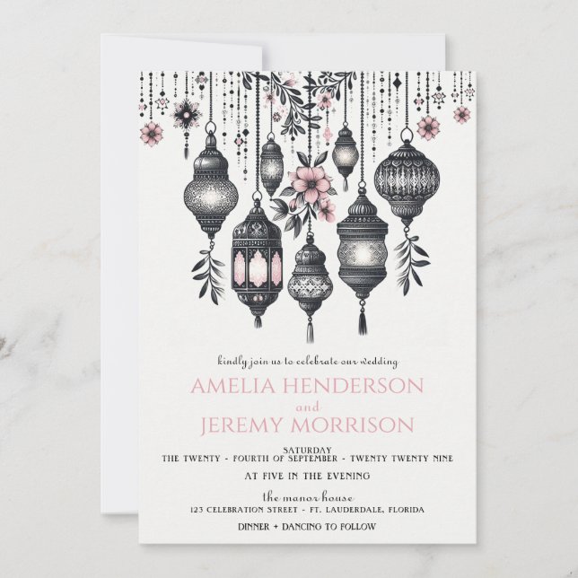 Pink Flowers and Lanterns Wedding Invitation (Front)