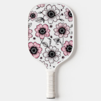 Pink flowers and leaves sketch design pickleball paddle