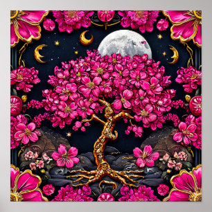 Pink flowers and moon poster