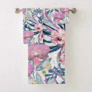 Pink flowers and orchid. bath towel set