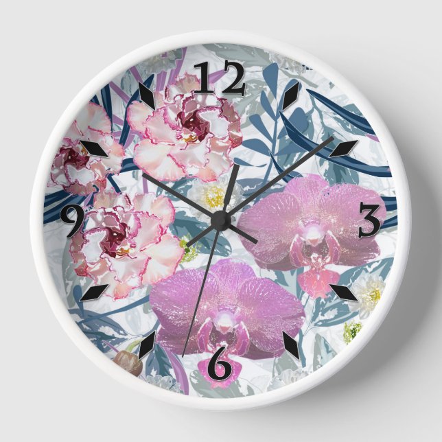 Pink flowers and orchid.  clock (Front)